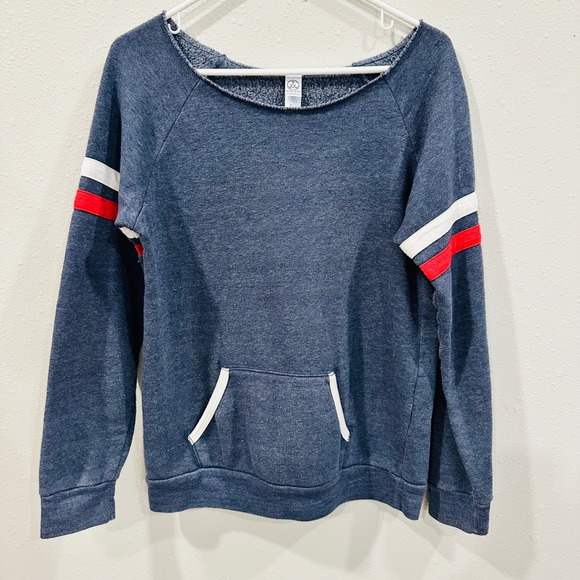 Alternative Earth Tops - Alternative Earth Blue Striped Sleeve Sweatshirt Pullover Women's‎ XL -sporty